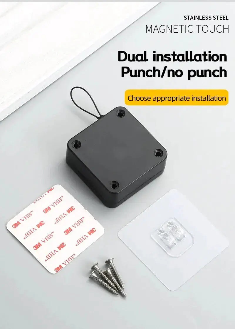 Simples Market automatic drawstring door closer, black square unit for sliding doors, with screws and 3M VHB pads