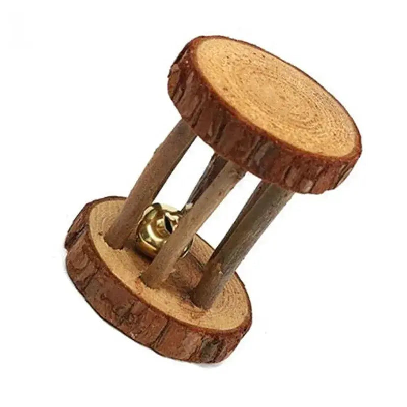 Wooden dumbbell chew toy with bell for small pets, natural pine wood by Simples Market