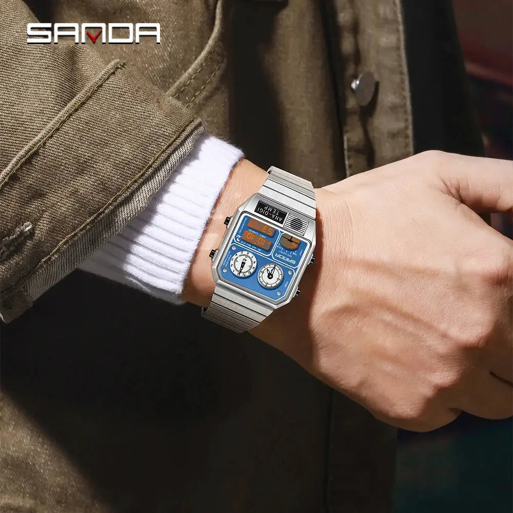 Sanda 3192 Mens Square Digital Analog Watch Waterproof Led Thermometer Stopwatch Sporty Durable Timepiece