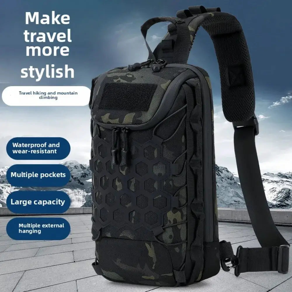 Simples Market tactical backpack with camouflage pattern, hex mesh front panel, and single sling strap