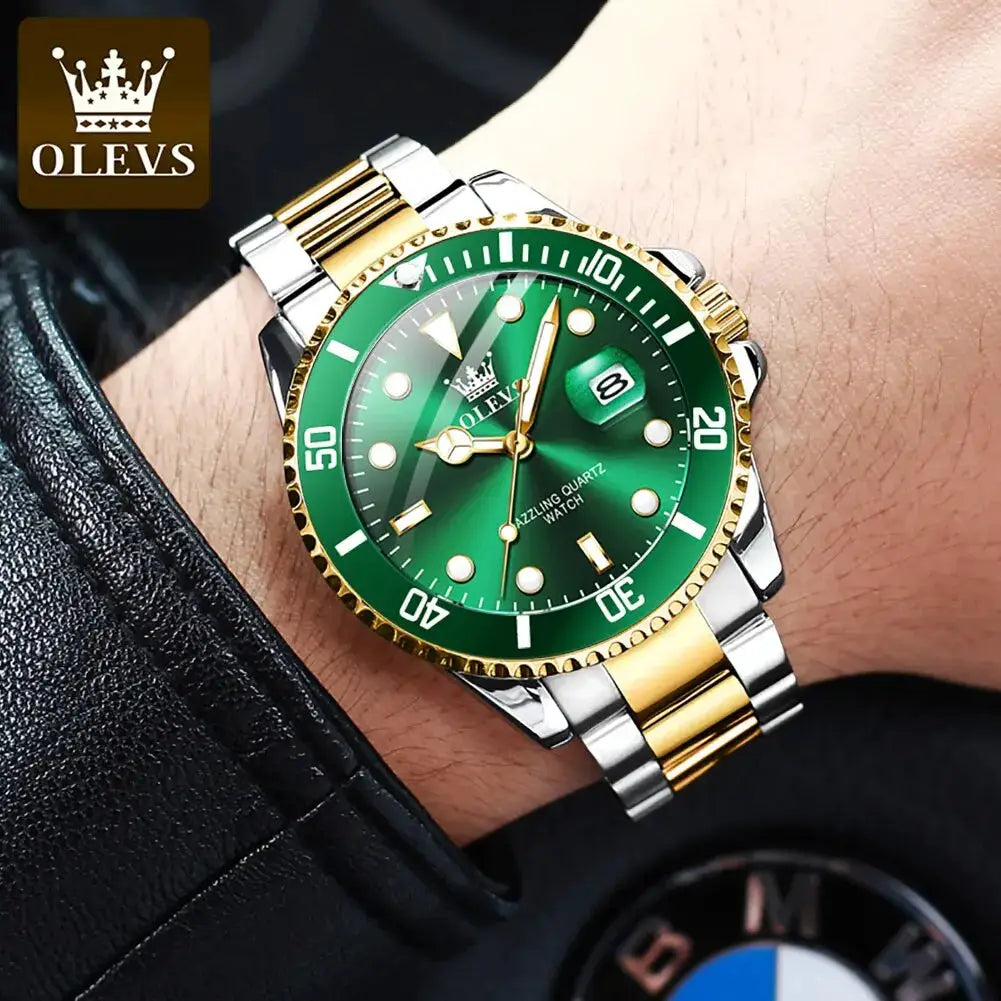 OLEVS Top Original Men Quartz Watch With Stainless Steel Band Green Dial Luminous Hands Water Resistant Luxury Timepiece