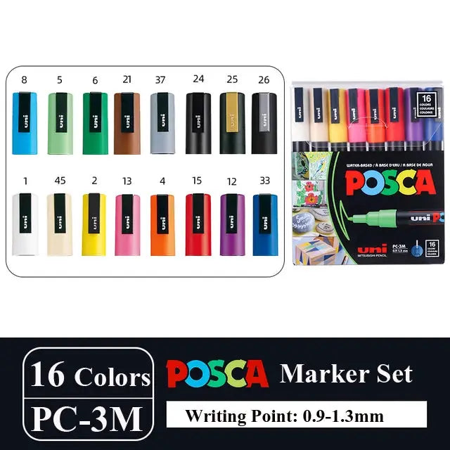 Posca marker set PC-3M, 16 colors in original vinyl case, Uni water-based pigment ink pens