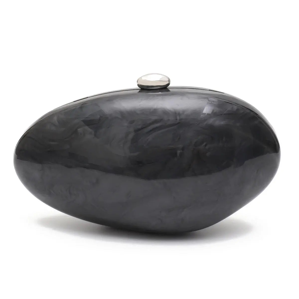 Shell-shaped black acrylic evening clutch with long chain.