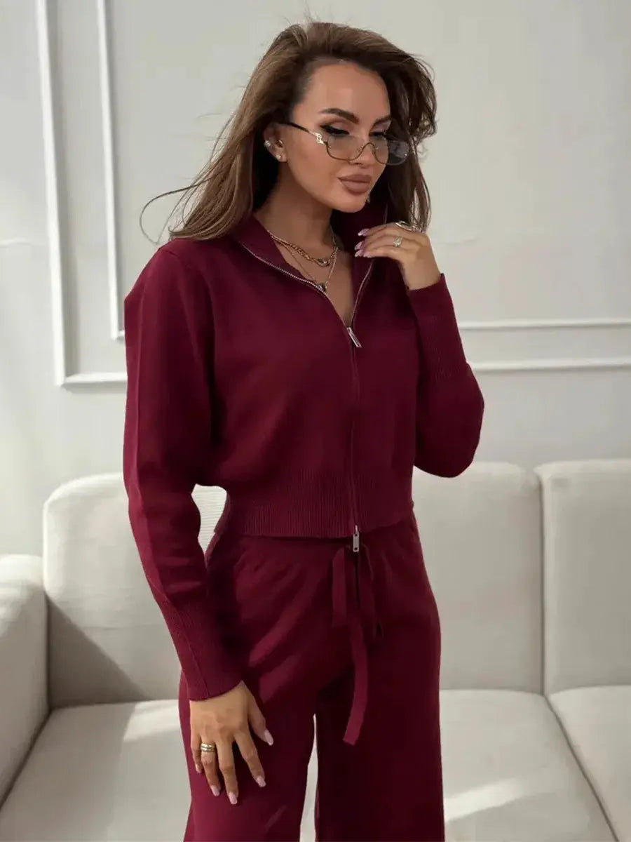 Bornladies Knit Zip Up Cropped Cardigan With Wide Leg Pants Set Women