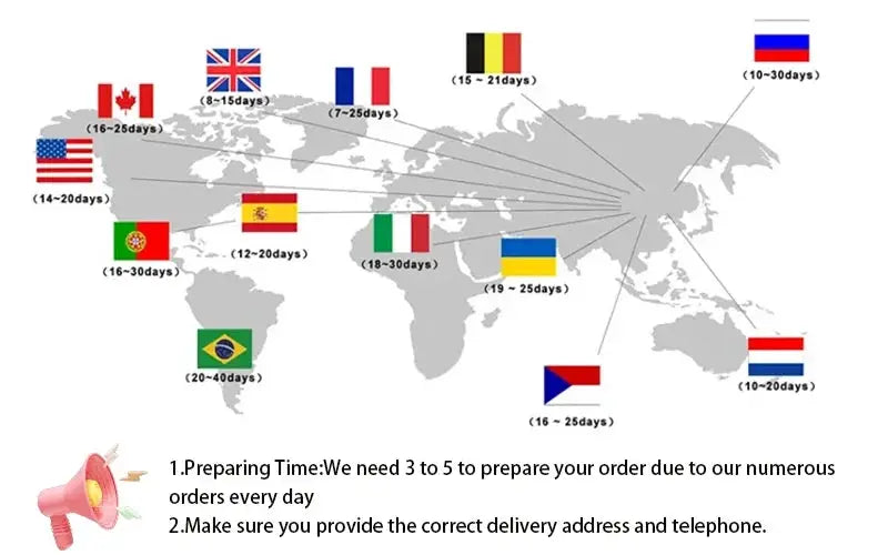 World map shipping flags with delivery-time labels and a pink megaphone icon