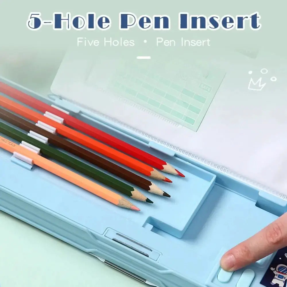 Plastic pencil case with calculator and sharpener mechanism; light blue double-sided box holding colored pencils