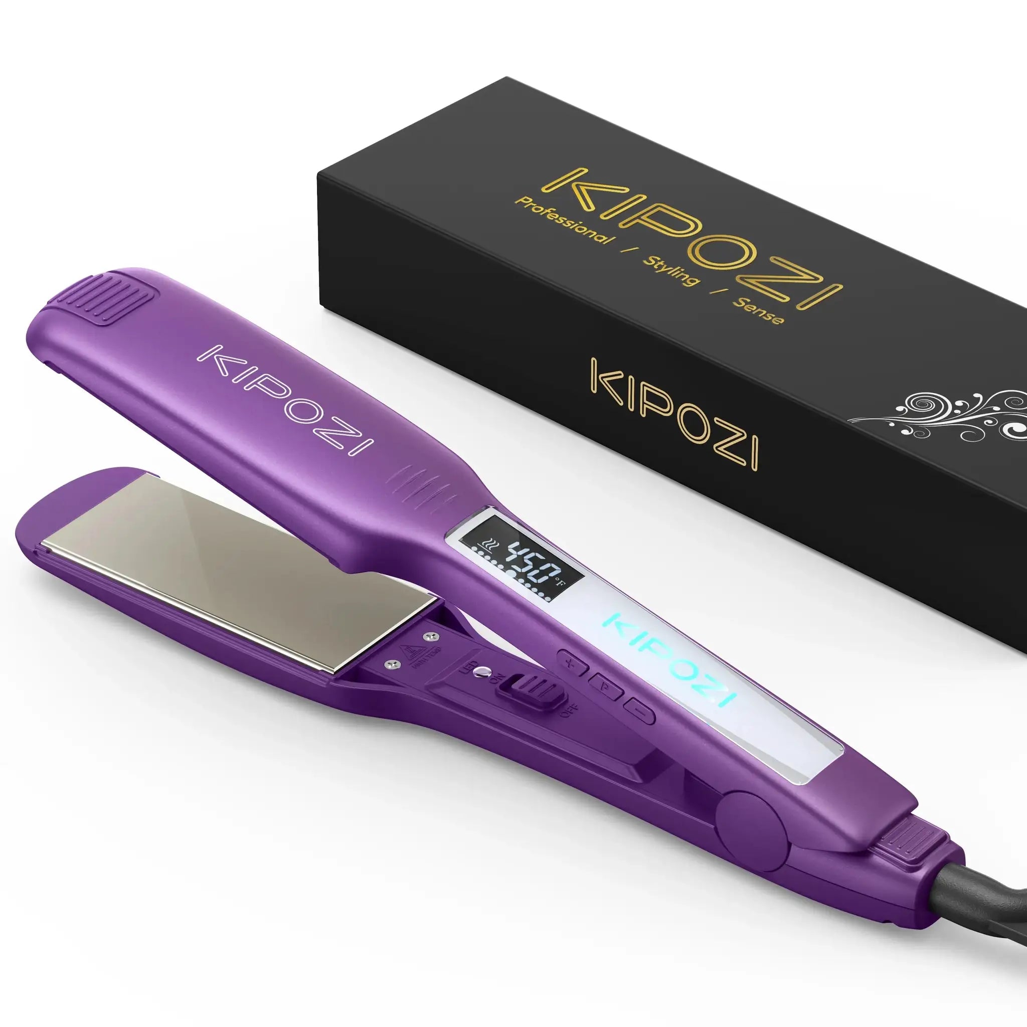 KIPOZI professional titanium flat iron hair straightener, purple, with digital LCD display and dual voltage