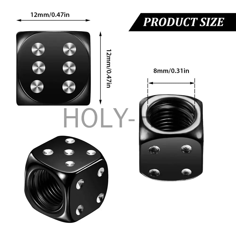 Simples Market aluminum dice tire valve caps, black with silver die-face pips, fits car, truck and motorcycle
