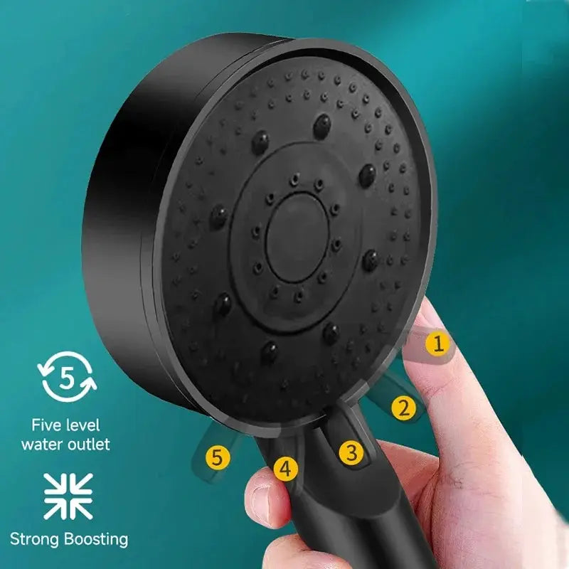 5-mode pressure-boost shower head with five-level water outlets and adjustable spray
