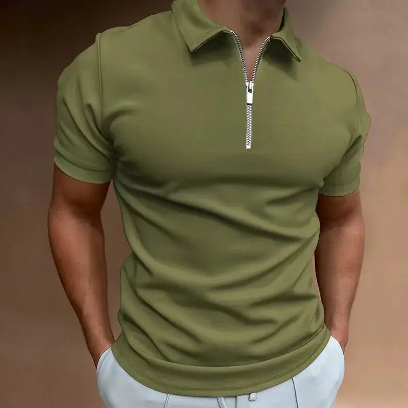 Men's olive green polo shirt with short sleeves and zip collar, casual streetwear