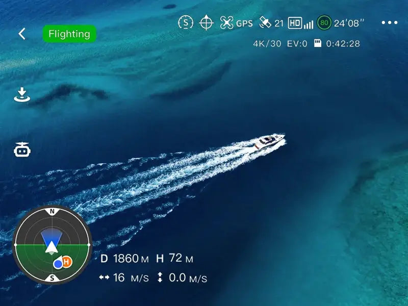Potensic drone under 249g in flight; blue ocean-view app UI with GPS indicators (Simples Market)