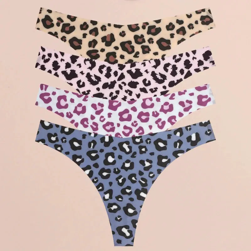 Four-pack women's leopard print seamless thong underwear in beige, lavender, purple, and blue