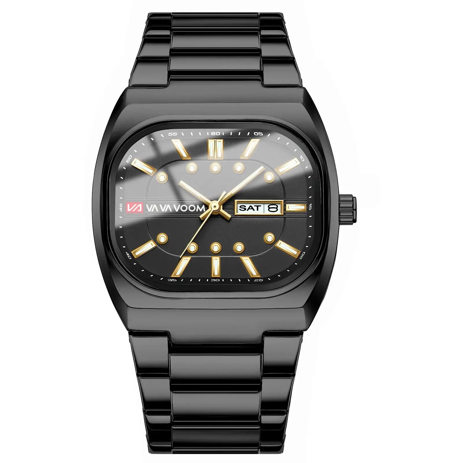 Men's black stainless steel 40mm square quartz watch with gold-tone markers and day-date window