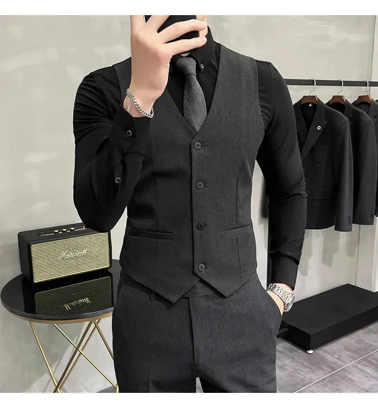 Simples Market men's charcoal gray waistcoat (S-7XL) with black shirt and tie