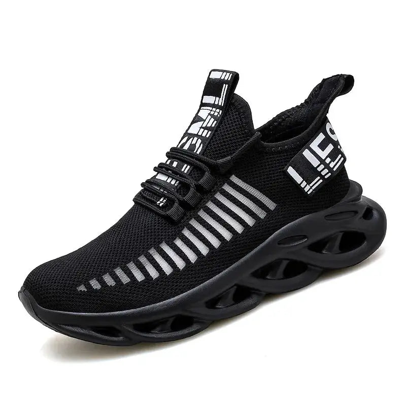 Men's black mesh platform sneakers by Simples Market with breathable upper and sculpted hollow sole