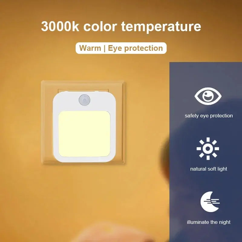 Night light with motion sensor; plug-in wall lamp with warm 3000K LED for bedside