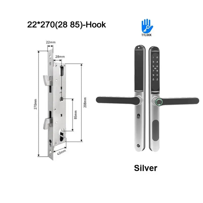 Simples Market Slim sliding door smart lock in silver with fingerprint keypad and IC card access
