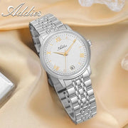Addies luxury women's wristwatch, silver stainless steel with gold Roman numerals, 31mm case, sapphire glass