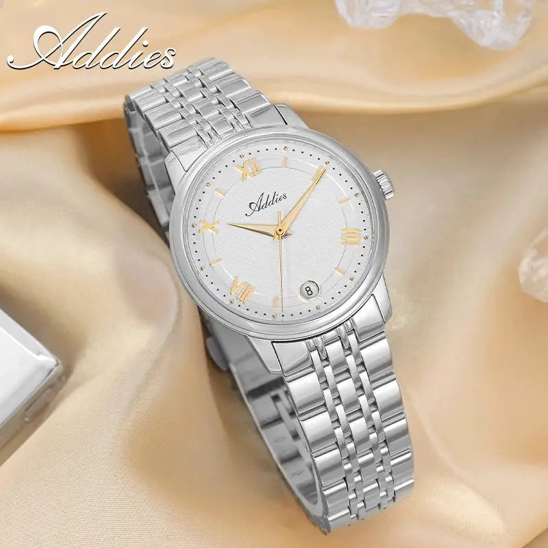 Addies luxury women's wristwatch, silver stainless steel with gold Roman numerals, 31mm case, sapphire glass