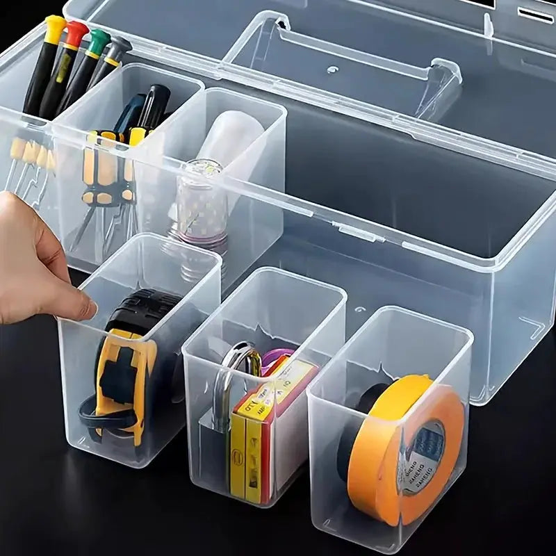 Hardware tool storage box by Simples Market, transparent multi-compartment organizer for screws and accessories.
