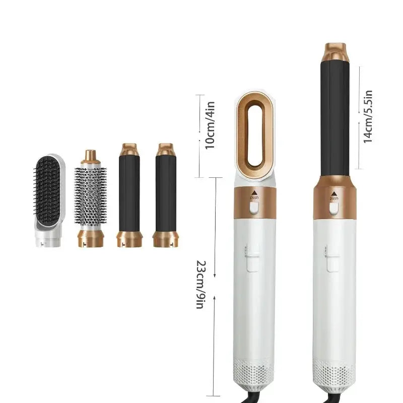 Simples Market 5-in-1 hair dryer kit with removable brush attachments, white with rose-gold accents.