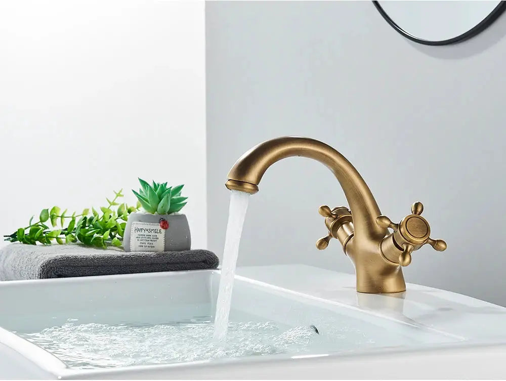 Antique brass two-handle deck-mounted bathroom faucet mixer for sink