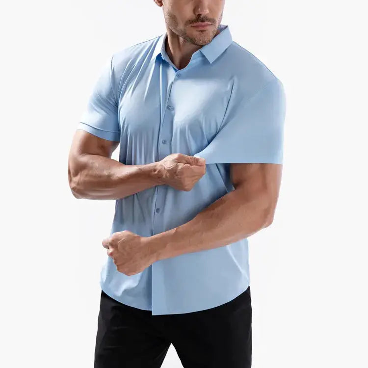 Men's light-blue short-sleeve wrinkle-free dress shirt by Simples Market, button-front office wear