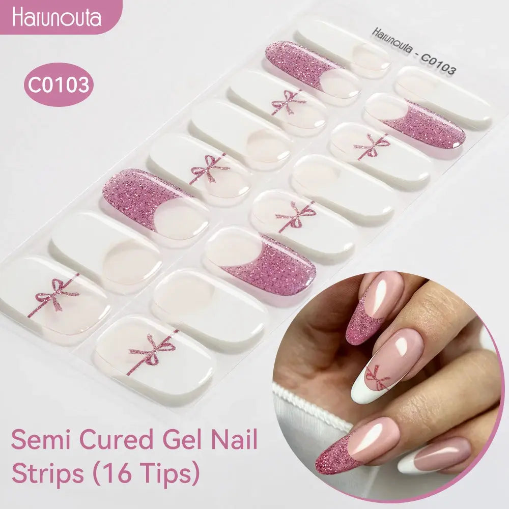 Harunouta Gradient Auroras semi-cured gel nail strips, 16 tips with pink glitter and white bow accents