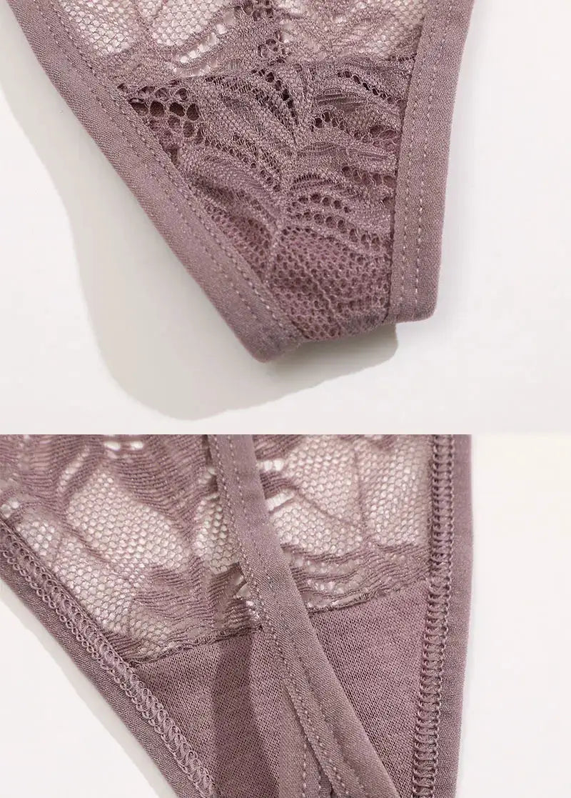 6-piece lace thong set by Simples Market; mauve low-rise women's lingerie with floral lace.