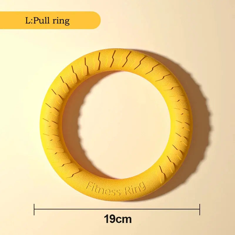 Dog fitness ring toy, yellow EVA material, 19 cm diameter.