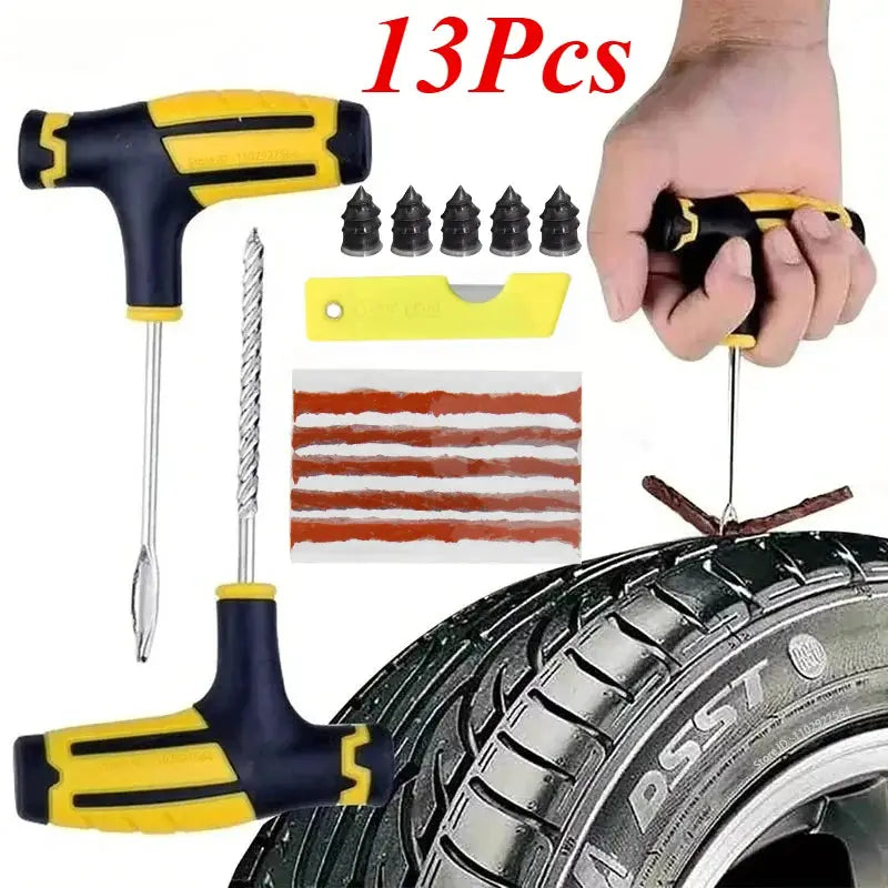 Simples Market 13-piece tubeless tire repair kit with yellow and black hand tools, plugs and rubber strips
