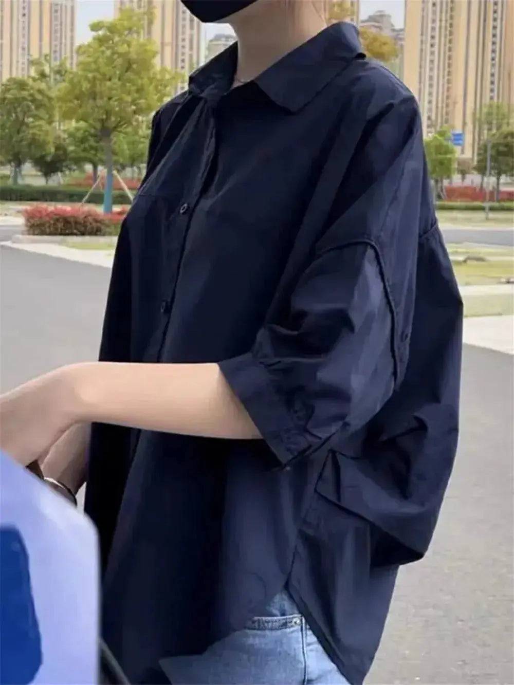 Navy blue oversized mid-sleeve blouse with collar and button-down for casual vacation wear