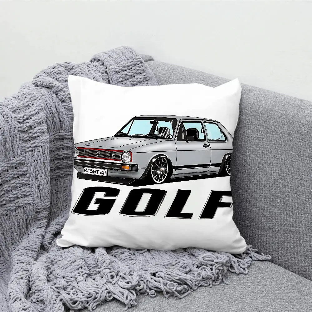 G-GOLF G-GTI car pillow case with a grey vintage car graphic on a white cushion for farmhouse sofa decor