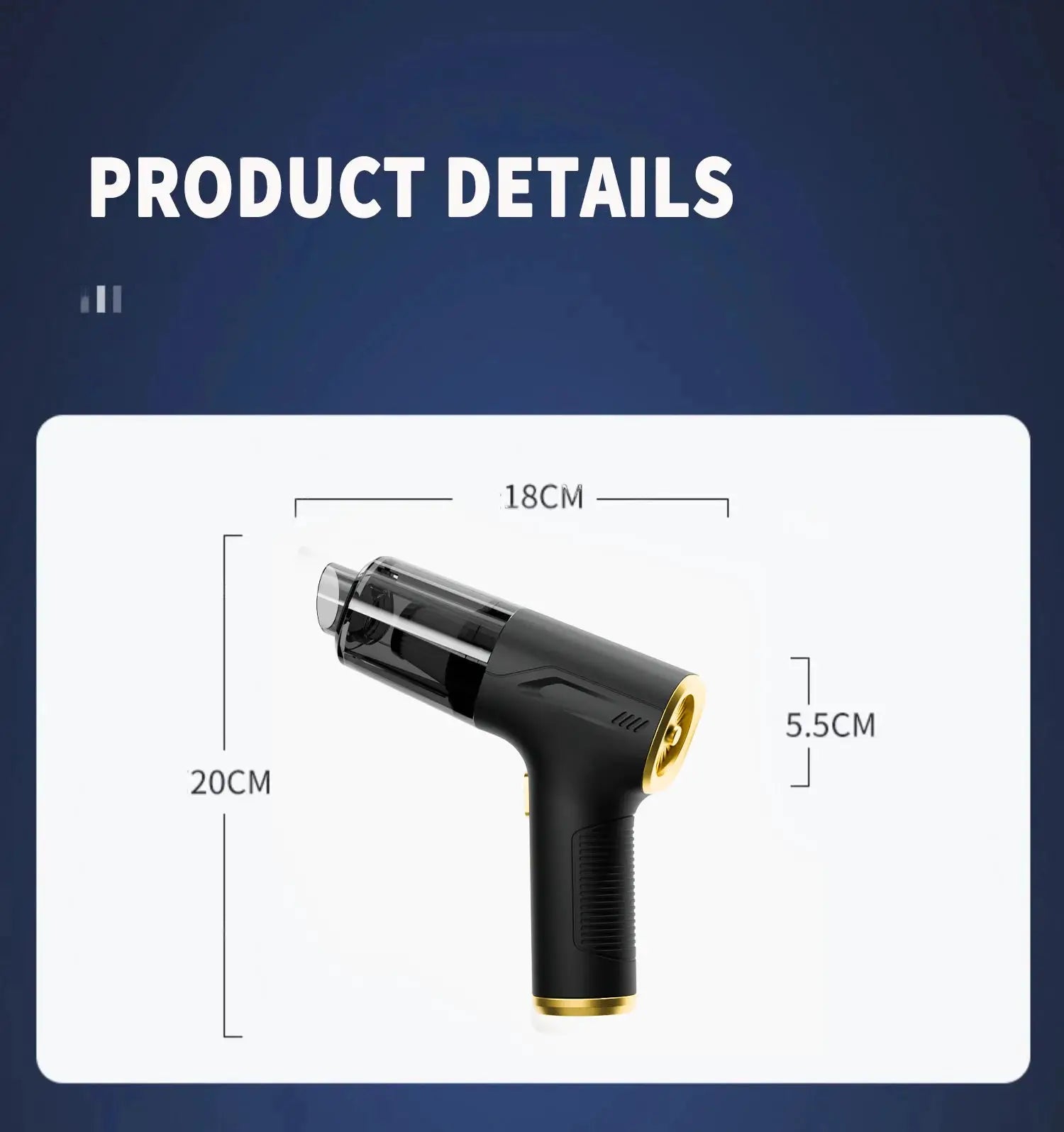 Car vacuum cleaner handheld wireless with black body and gold accents, transparent dust canister