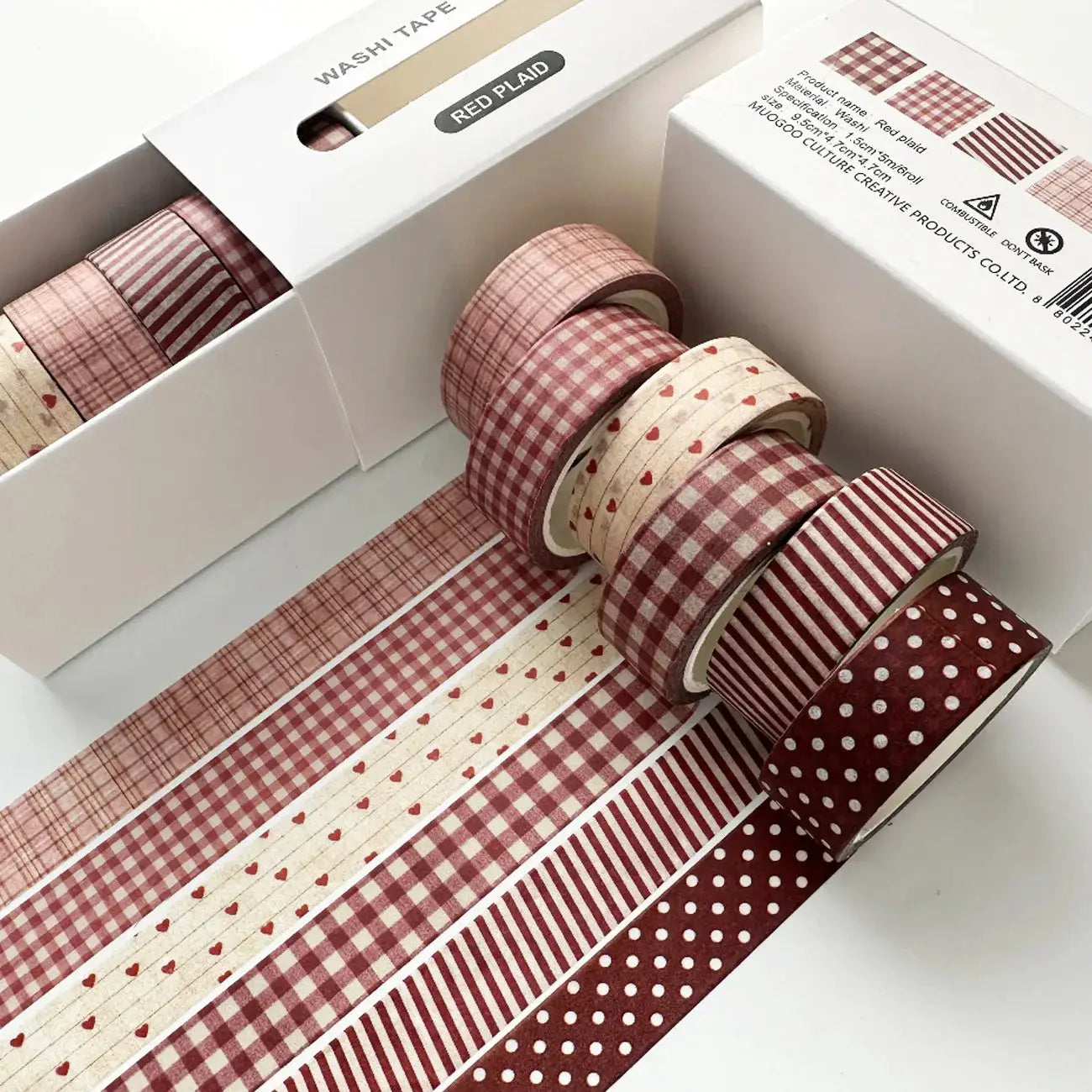 Washi tape set: 20 rolls by Simples Market in red patterns (gingham, stripes, hearts, polka dots) in white boxes