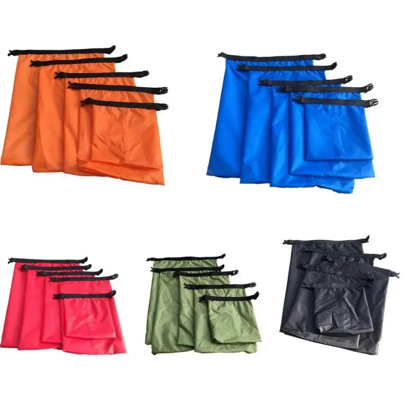 Set of colorful waterproof dry bags in orange, blue, red, green, and black for outdoor activities.