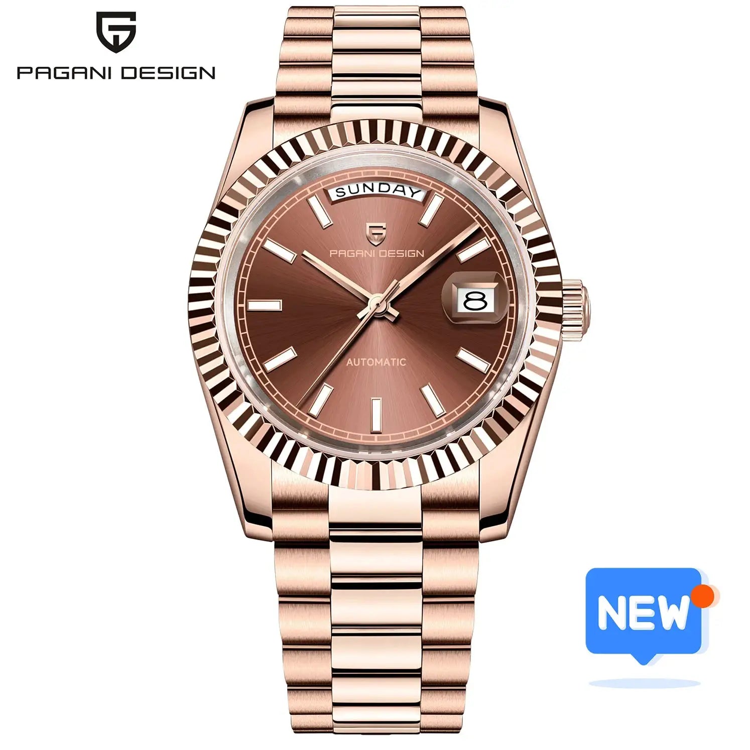 Pagani Design DD36 men's rose-gold automatic wristwatch with AR sapphire glass and day-date display