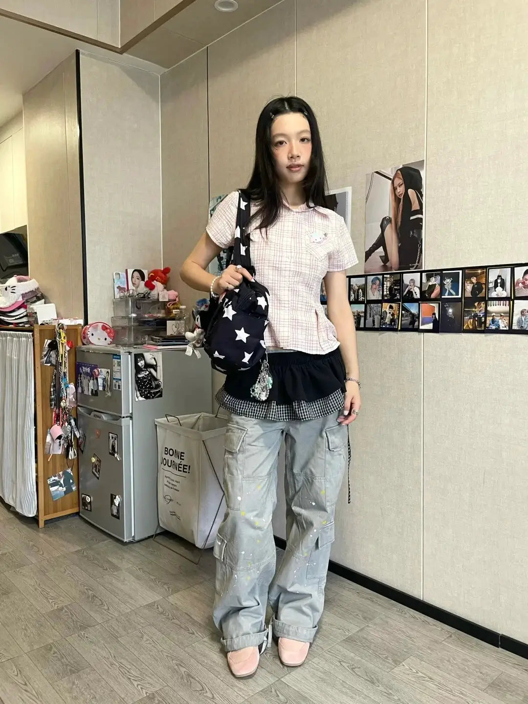 Genayooa Y2k plaid short-sleeve shirt with pocket; pink check top worn with grey cargo pants and star-print bag.