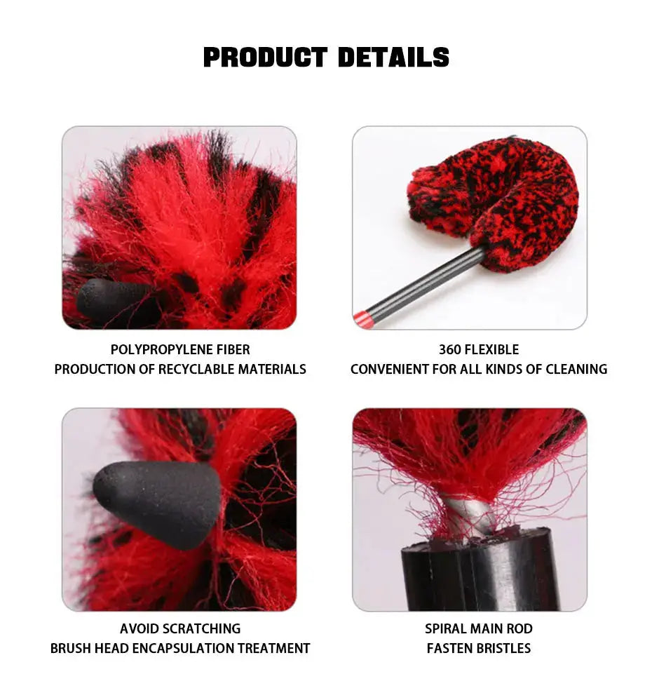 SEAMETAL car wheel detailing brush with bendable 360-degree red bristle head and black handle