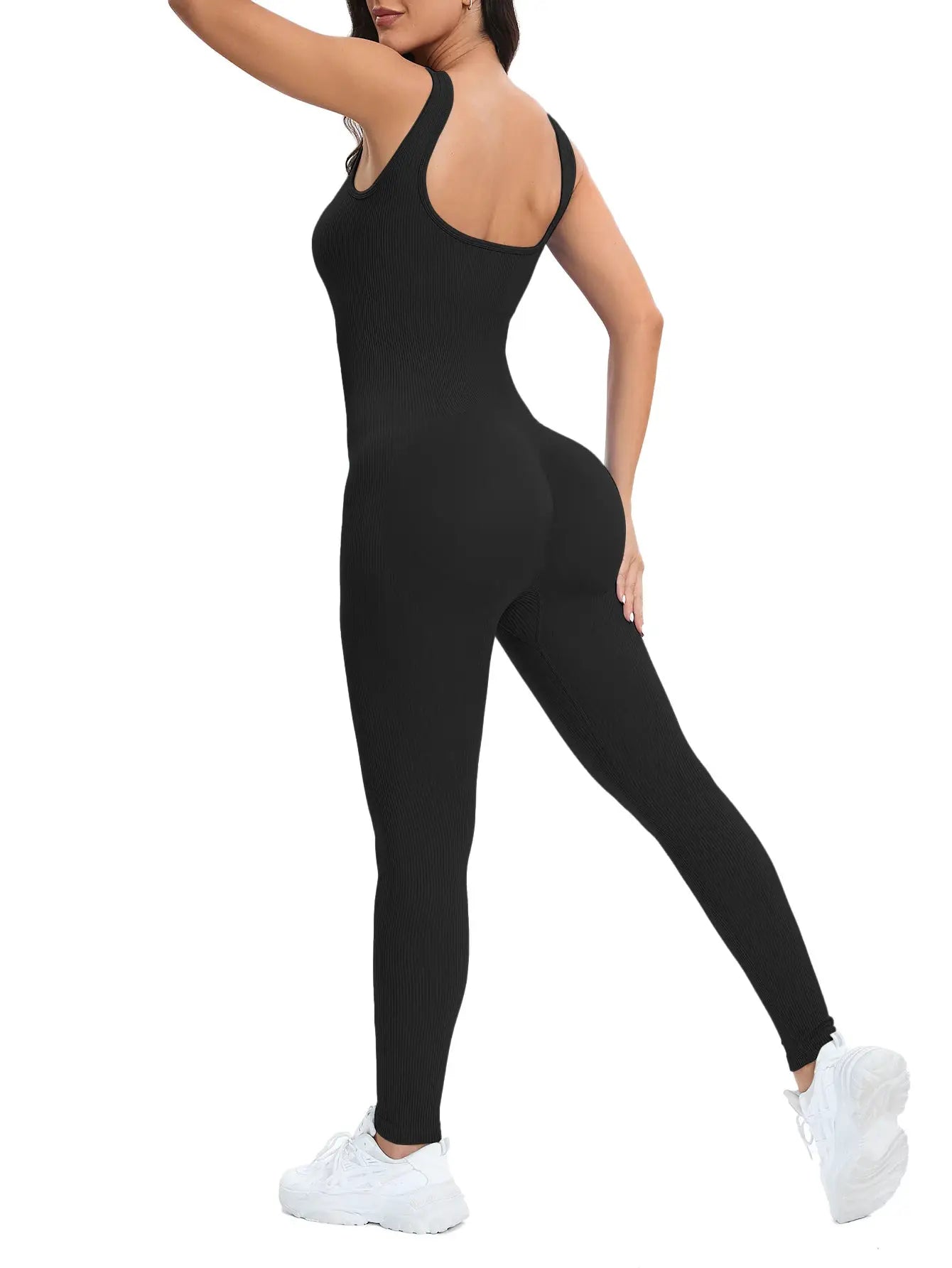 Shapewear jumpsuit for women, black ribbed knit with built-in bra, sleeveless square-neck by Simples Market
