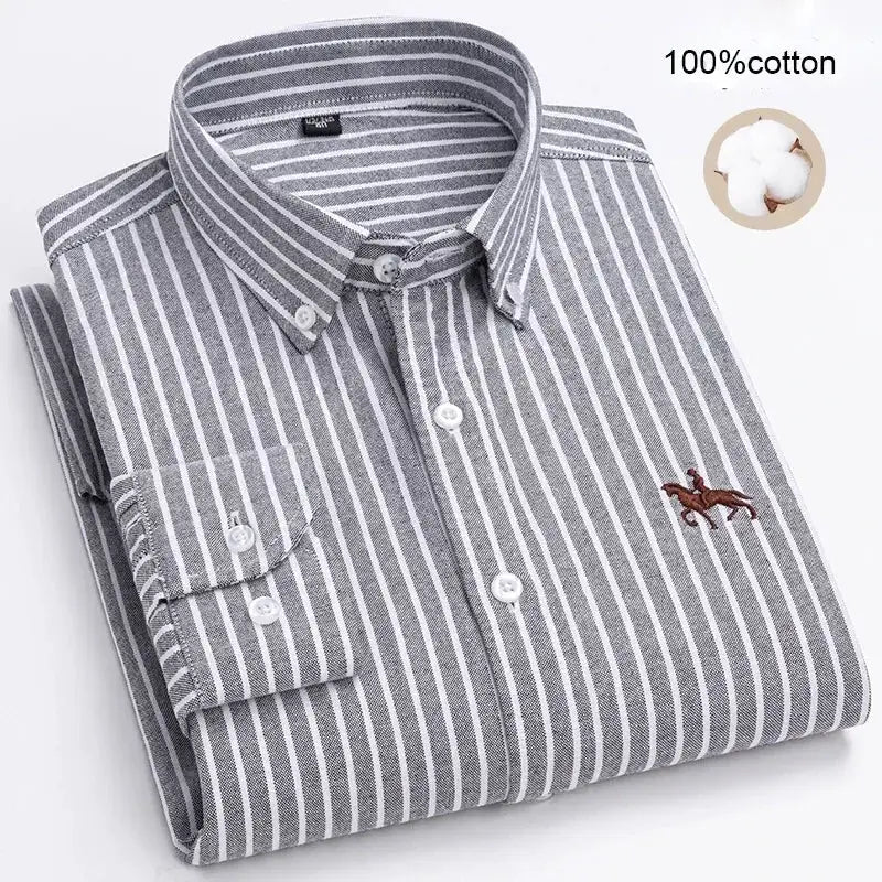 Men's striped shirt by Simples Market, grey/white, 100% cotton Oxford, long sleeve with chest logo