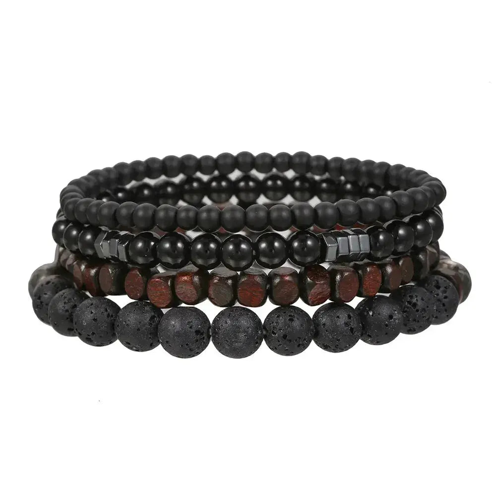 4 Piece Set Black Gall Stone Volcanic Stone And Wood Bead MultiLayer Elastic Bracelets For Men Couples Friends Jewelry