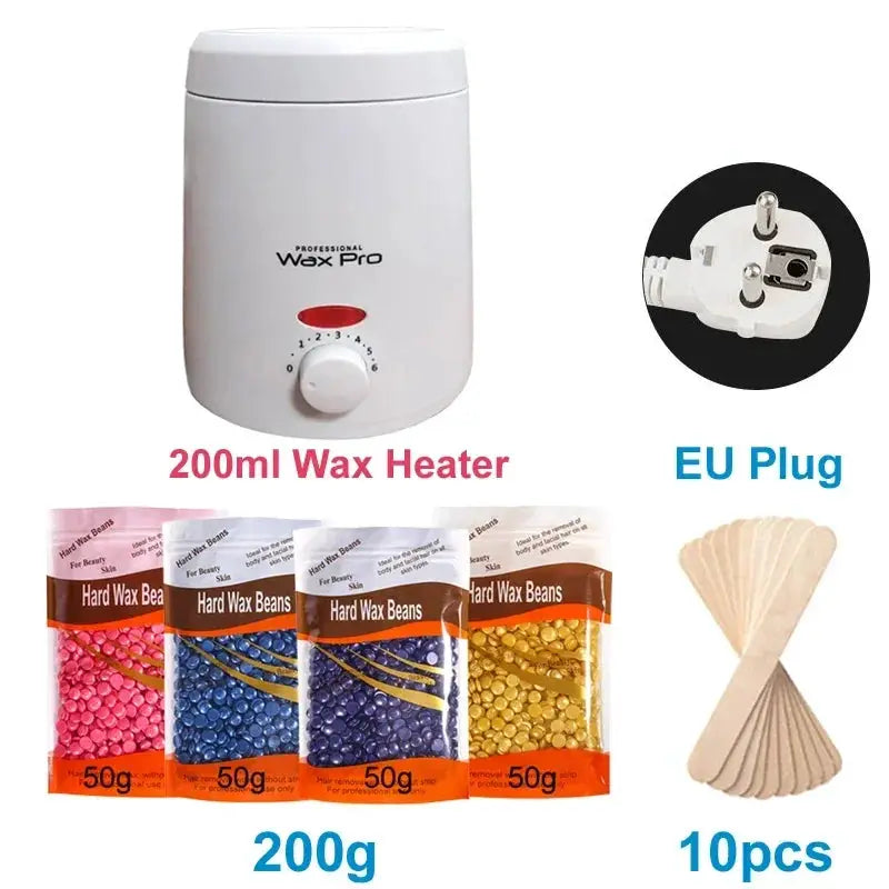 Simples Market white 200ml wax heater with EU plug; includes 4x50g hard wax beads and 10 spatulas