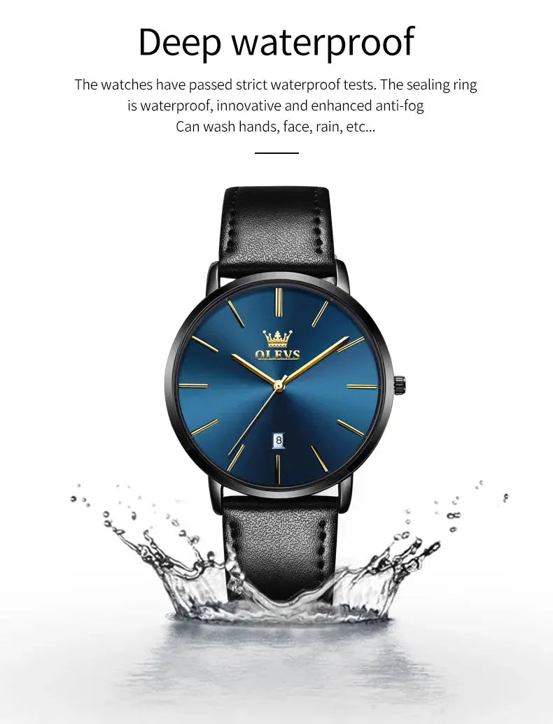 OLEVS 5869 men's quartz wristwatch with blue dial and black leather strap by Simples Market