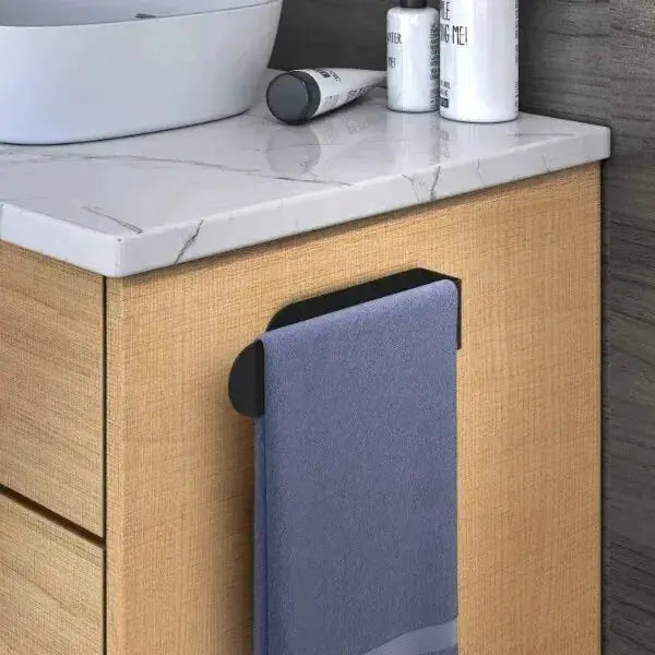 Simples Market self-adhesive towel rack mounted on a wooden bathroom cabinet with a blue towel