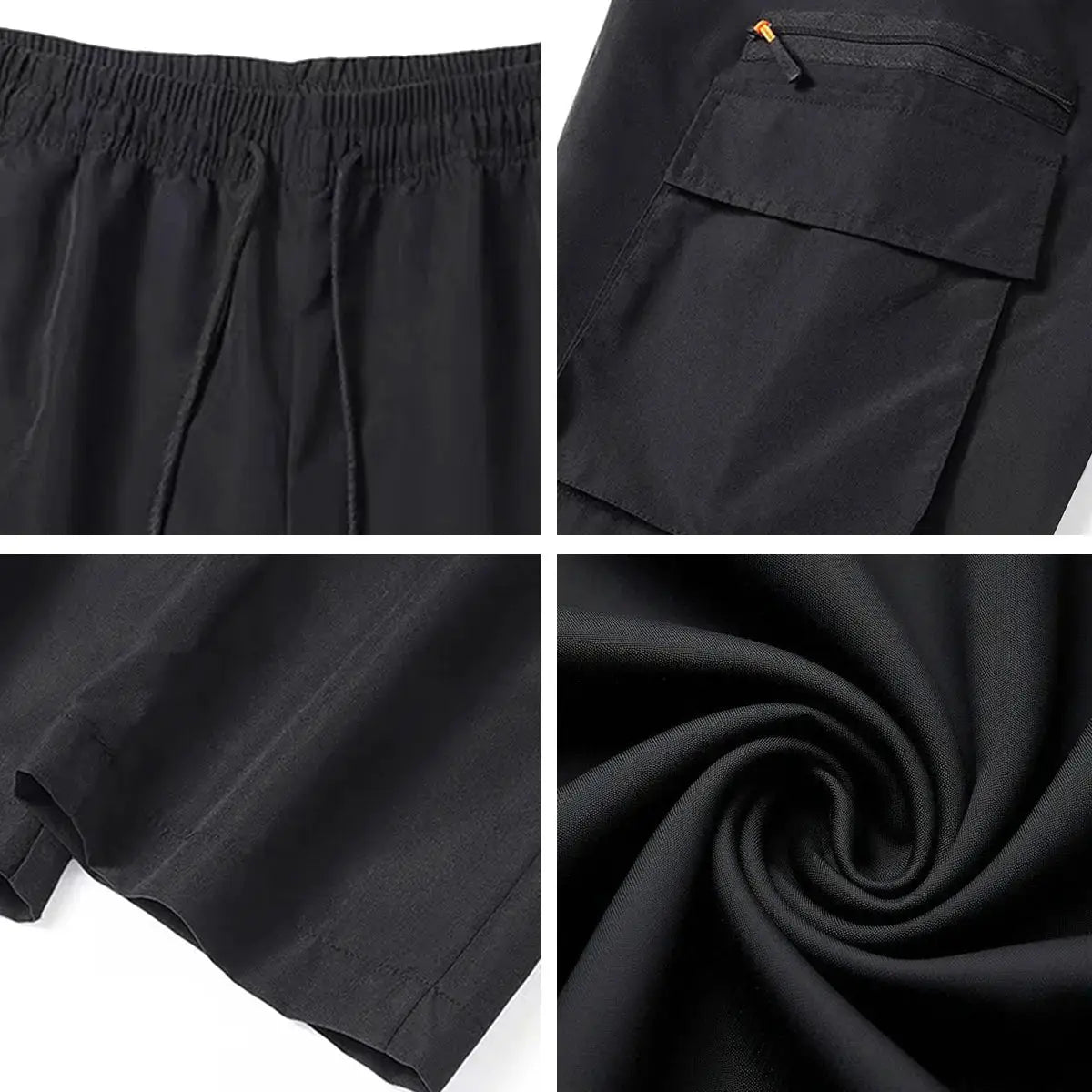 Men's black cargo pants with elastic waistband and drawstring, quick-dry waterproof fabric and multiple pockets.