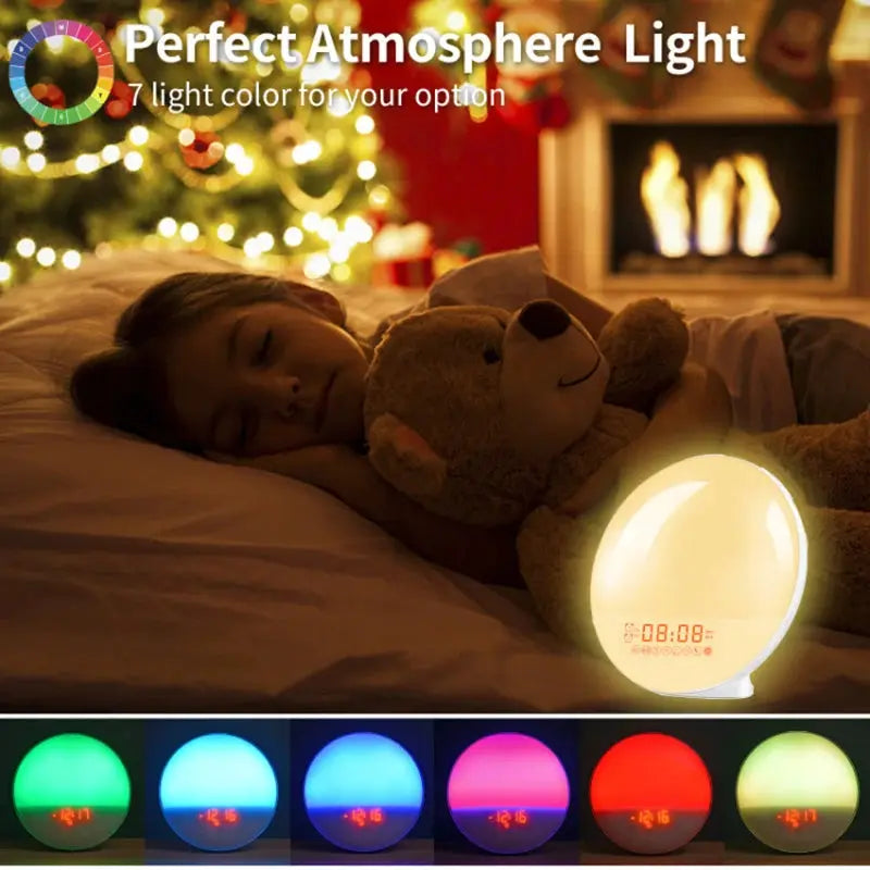 Sunrise Alarm Clock on a bedside table, glowing warm night light with 7 color options as a child sleeps.