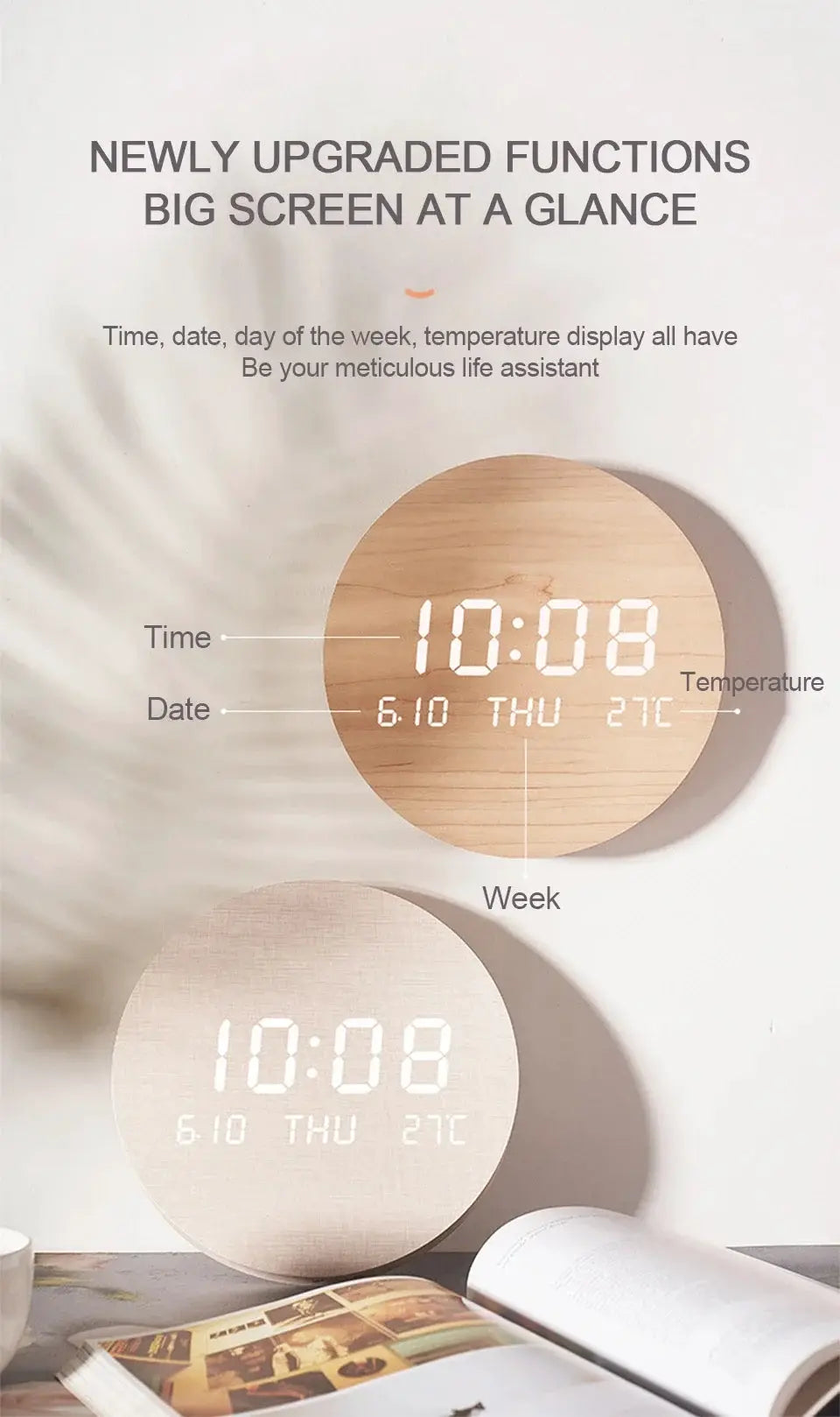 LED digital wall clock with temperature, date and time display; two wooden round clocks for living room or bedroom