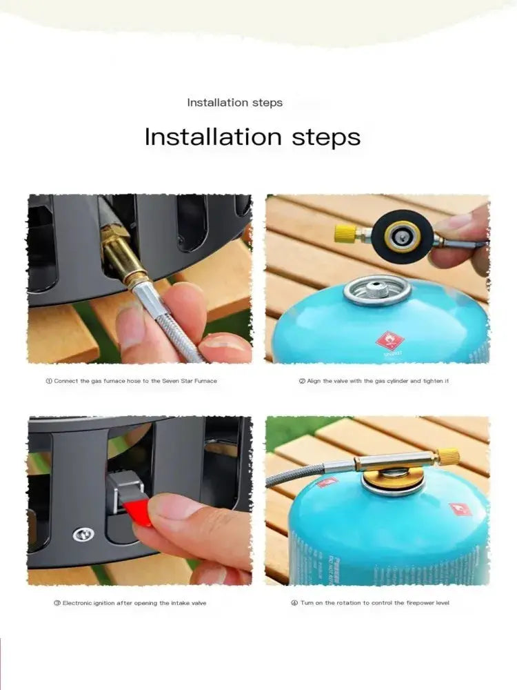 Simples Market portable camping stove with electronic ignition; blue canister, windproof gas burner, installation steps.