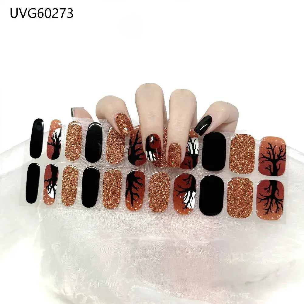 Simples Market gel nail wraps set; full-cover designs in orange glitter, black, and tree silhouettes for DIY UV manicure